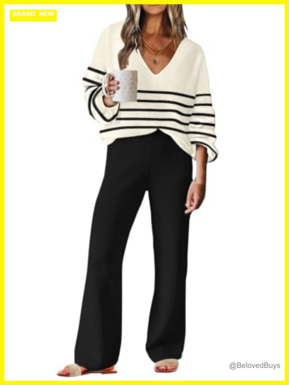 Women's 2 Piece Sweater Lounge Set V Neck Knit Pajama Set